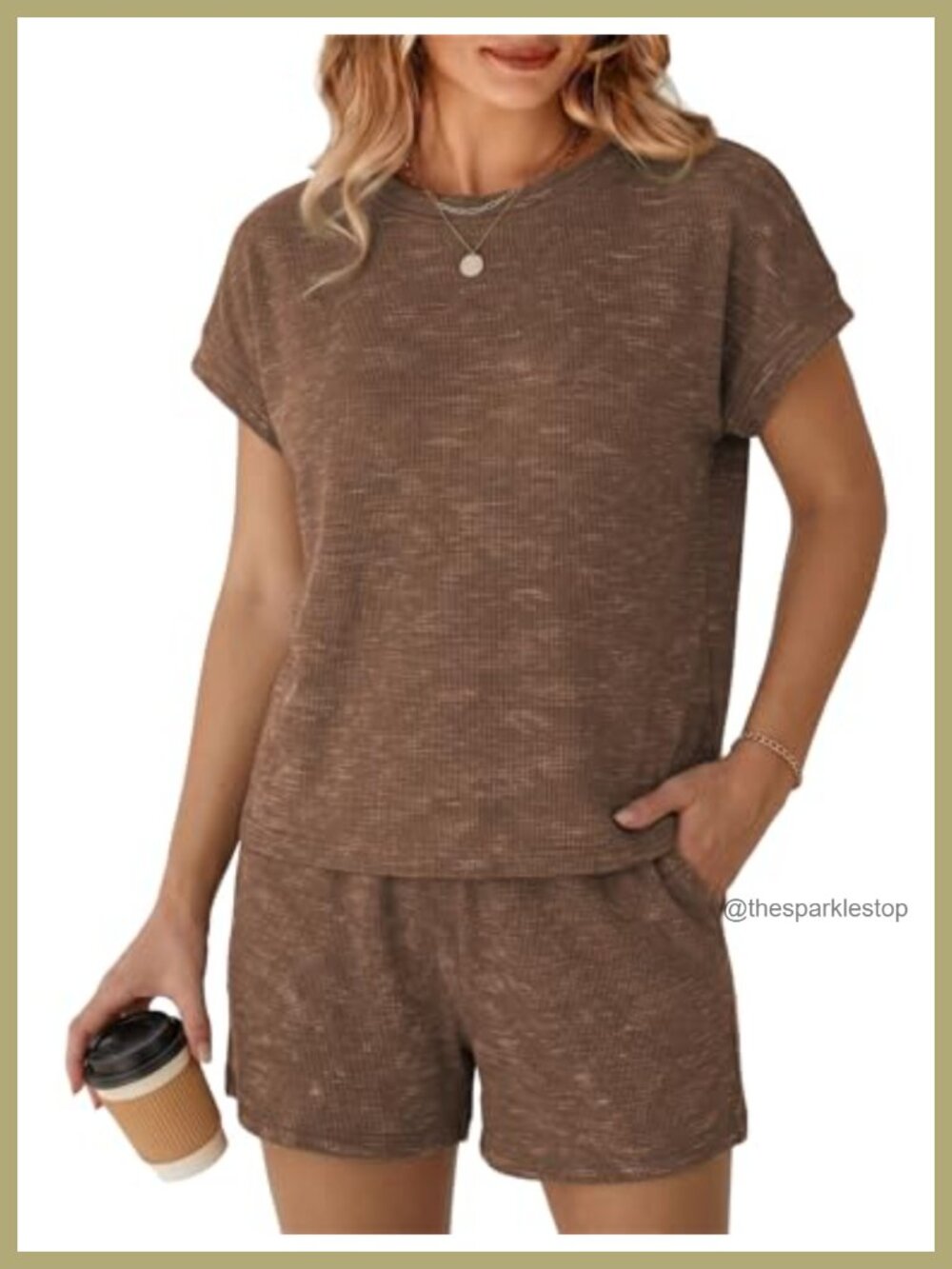 Waffle Knit 2 Piece Shorts Set Cap Sleeve Top High Rise Lounge Outfit